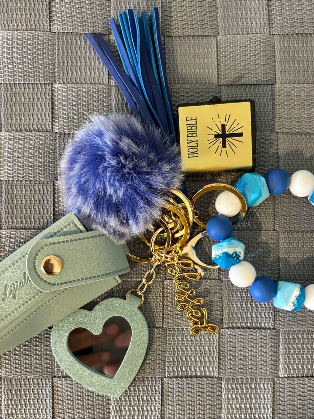 Blue Pom Pom Keychain with Tassel and Heart Mirror